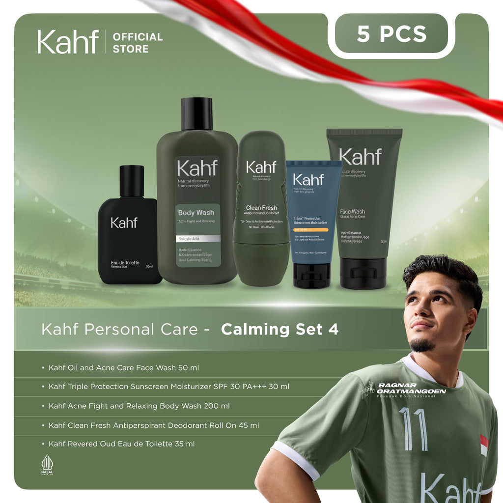 [CREATOR'S PICK - KAHF BUNDLE 5IN1 PAKET PERAWATAN DAILY USE ESSENTIALS : WAJAH GLOWING, BADAN BERSIH, BEBAS KERINGAT, & WANGI SEHARIAN] Paket Personal Care (Face Wash + Sunscreen + Body Wash + Deodorant + Eau de Toilette) - Suitable for Daily Use
