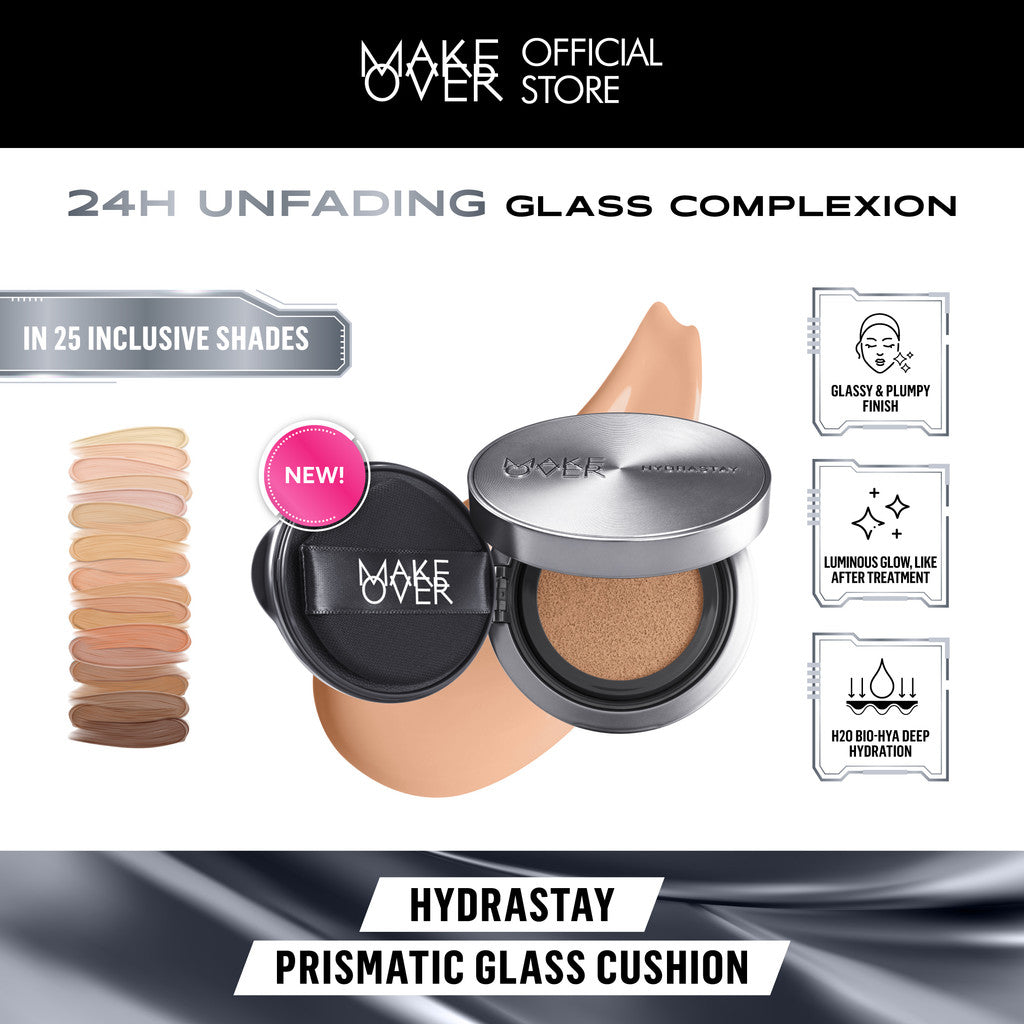 MAKE OVER Prismatic Glow Hydrate Blush Bundle: Hydrastay Prismatic Glass Cushion + Hydrastay Liquid Tint Blush - Paket Cushion Glow Blush On Tahan Lama Flawless Baru CreamBlush