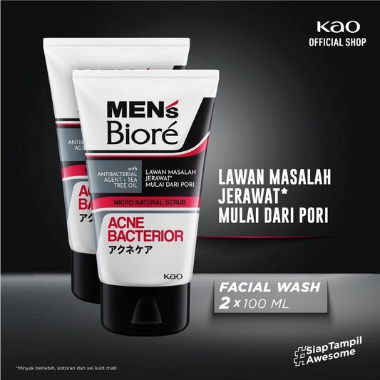 Men's Biore Micro Scrub Sabun Muka Pria Untuk Kulit Berjerawat Acne Bacterior Eksfoliasi 100 gr Twin Pack - Facial Wash