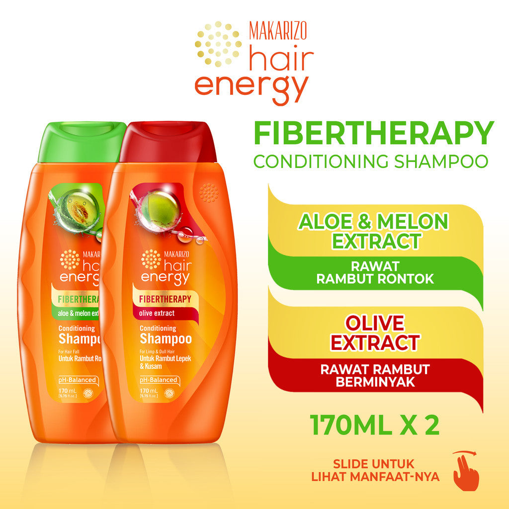 Paket Makarizo Hair Energy Shampoo Untuk Rambut Rontok & Lepek Aloe Melon & Olive Extract 170mL