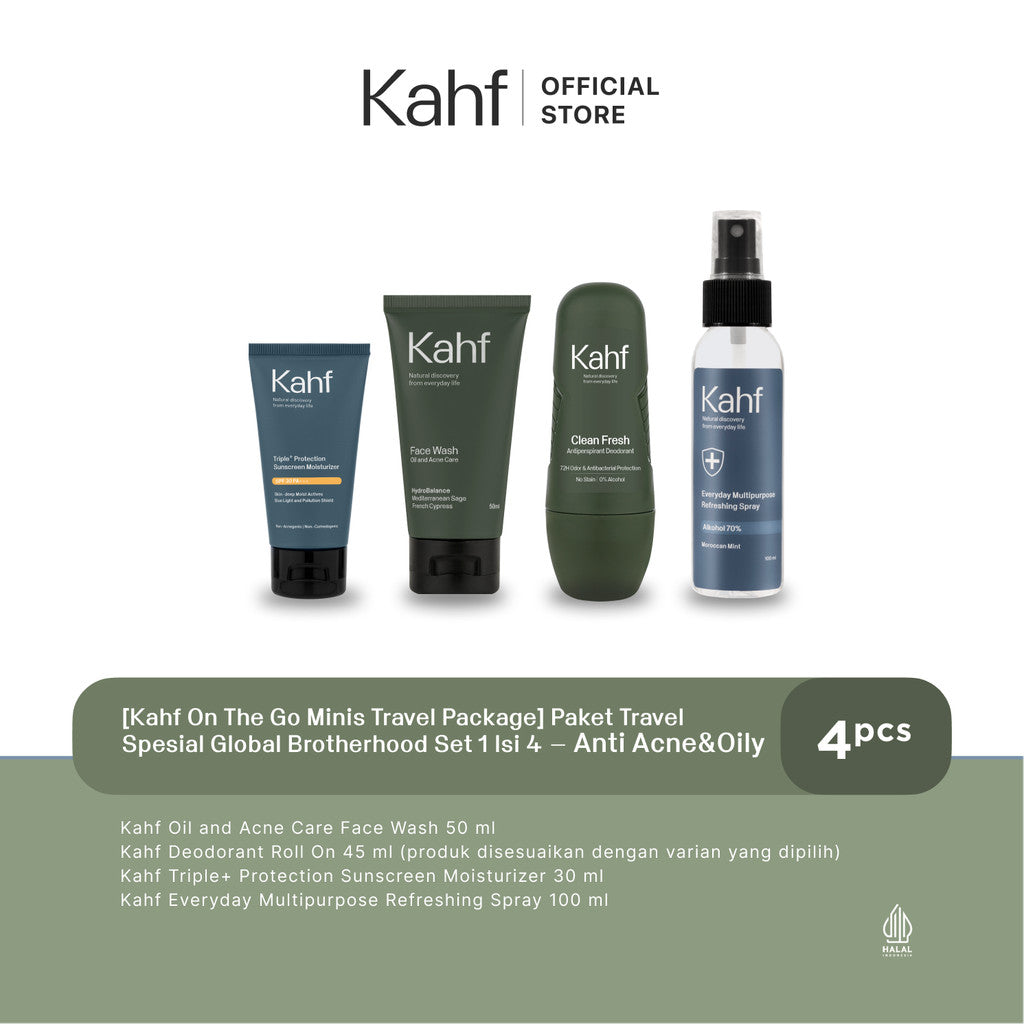 [Kahf On The Go Minis Travel Package] Paket Travel Spesial Global Brotherhood Set 1 Isi 4 (Face Wash 50 ml, Deodorant, Sunscreen, Multipurpose Spray