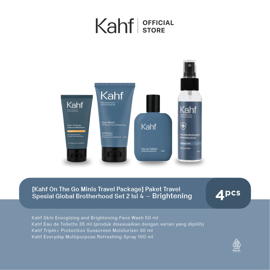 [Kahf On The Go Minis Travel Package] Paket Travel Spesial Global Brotherhood Set 2 Isi 4 (Face Wash 50 ml, EDT, Sunscreen, Multipurpose Spray