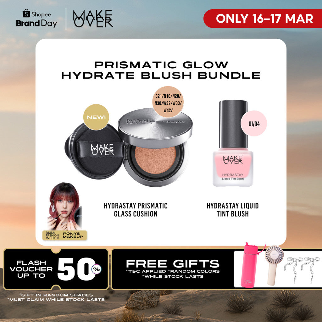MAKE OVER Prismatic Glow Hydrate Blush Bundle: Hydrastay Prismatic Glass Cushion + Hydrastay Liquid Tint Blush - Paket Cushion Glow Blush On Tahan Lama Flawless Baru CreamBlush
