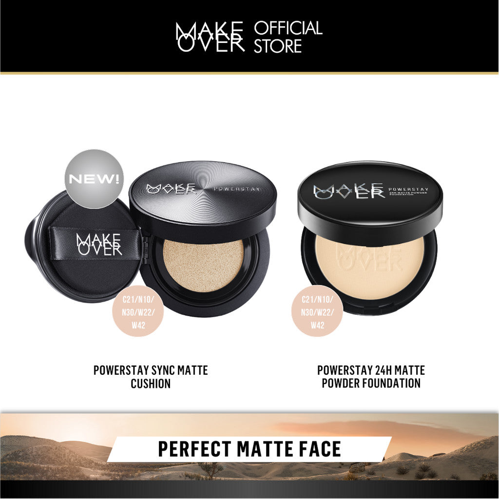 [SPECIAL 11.11] MAKE OVER Perfect Matte Face Bundle: Powerstay Sync Matte Cushion + Powerstay 24H Matte Powder Foundation - Paket Complexion Face Makeup Flawless Glow Cushion Smooth Cover 24 Jam Tahan Lama Foundation Bedak Concealer Wajah Baru