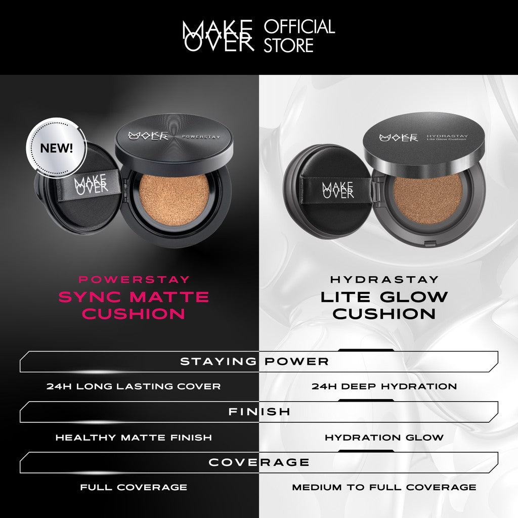NEW! MAKE OVER Powerstay Sync Matte Cushion - Smart AI Matte Cushion High Coverage Zero Oxidation Oil Control Foundation Compact Makeup Concealer