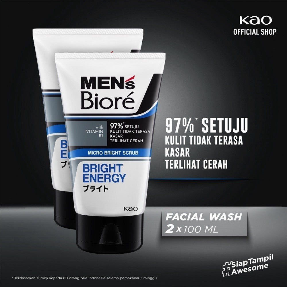 Men's Biore Micro Scrub Sabun Muka Pria Untuk Kulit Kusam Bright Energy Eksfoliasi 100 gr Twin Pack - Facial Wash