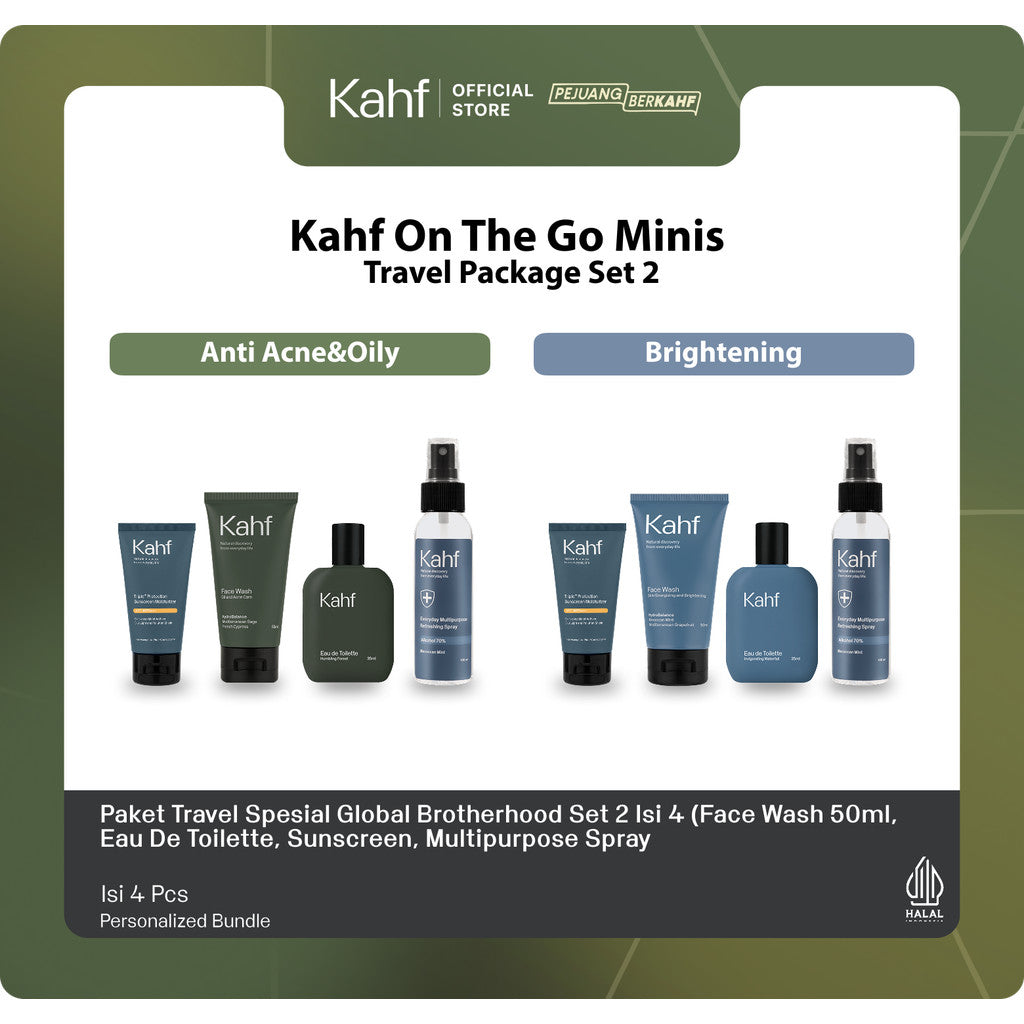 [Kahf On The Go Minis Travel Package] Paket Travel Spesial Global Brotherhood Set 2 Isi 4 (Face Wash 50 ml, EDT, Sunscreen, Multipurpose Spray