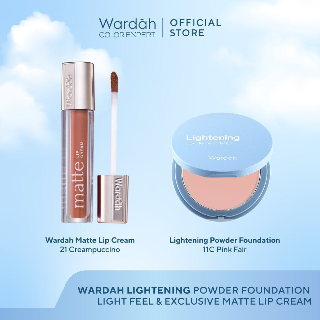 [BUNDLE] WARDAH Paket Exclusive Two Way Cake Lightening Powder Foundation Light Feel Flawless 12 g x Exclusive Matte Lip Cream 4g Basic Make Up - Makeup - Cocok Dipakai dengan Cushion