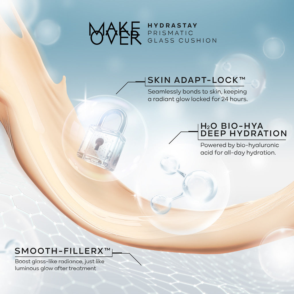 MAKE OVER Prismatic Glow Hydrate Blush Bundle: Hydrastay Prismatic Glass Cushion + Hydrastay Liquid Tint Blush - Paket Cushion Glow Blush On Tahan Lama Flawless Baru CreamBlush
