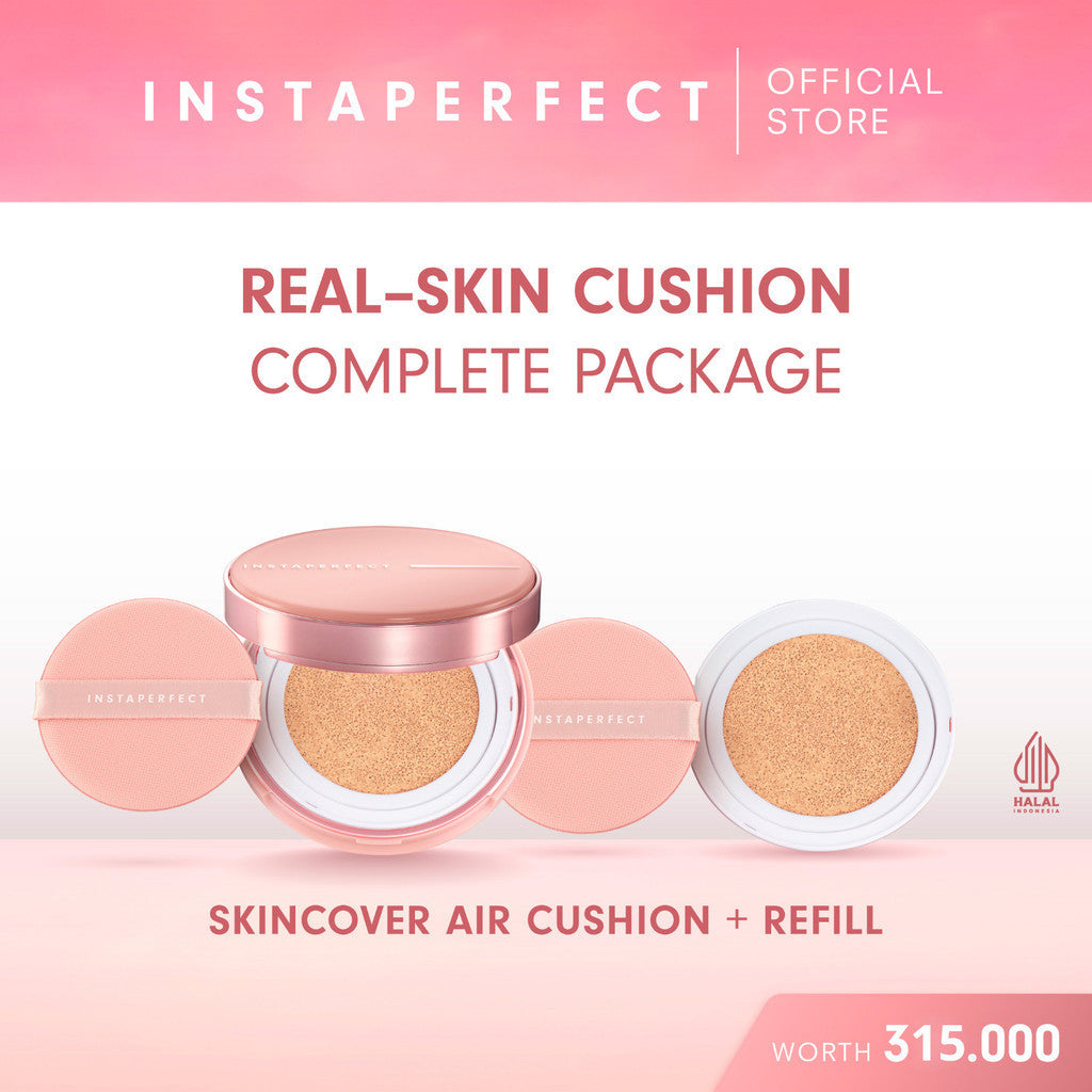 INSTAPERFECT Real Skin Cushion Complete Package (Skinover Air Cushion + Refill) Full Coverage Semi Matte Finish- Bundle Lengkap Make Up Tahan Lama