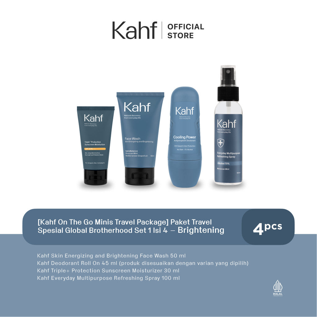 [Kahf On The Go Minis Travel Package] Paket Travel Spesial Global Brotherhood Set 1 Isi 4 (Face Wash 50 ml, Deodorant, Sunscreen, Multipurpose Spray