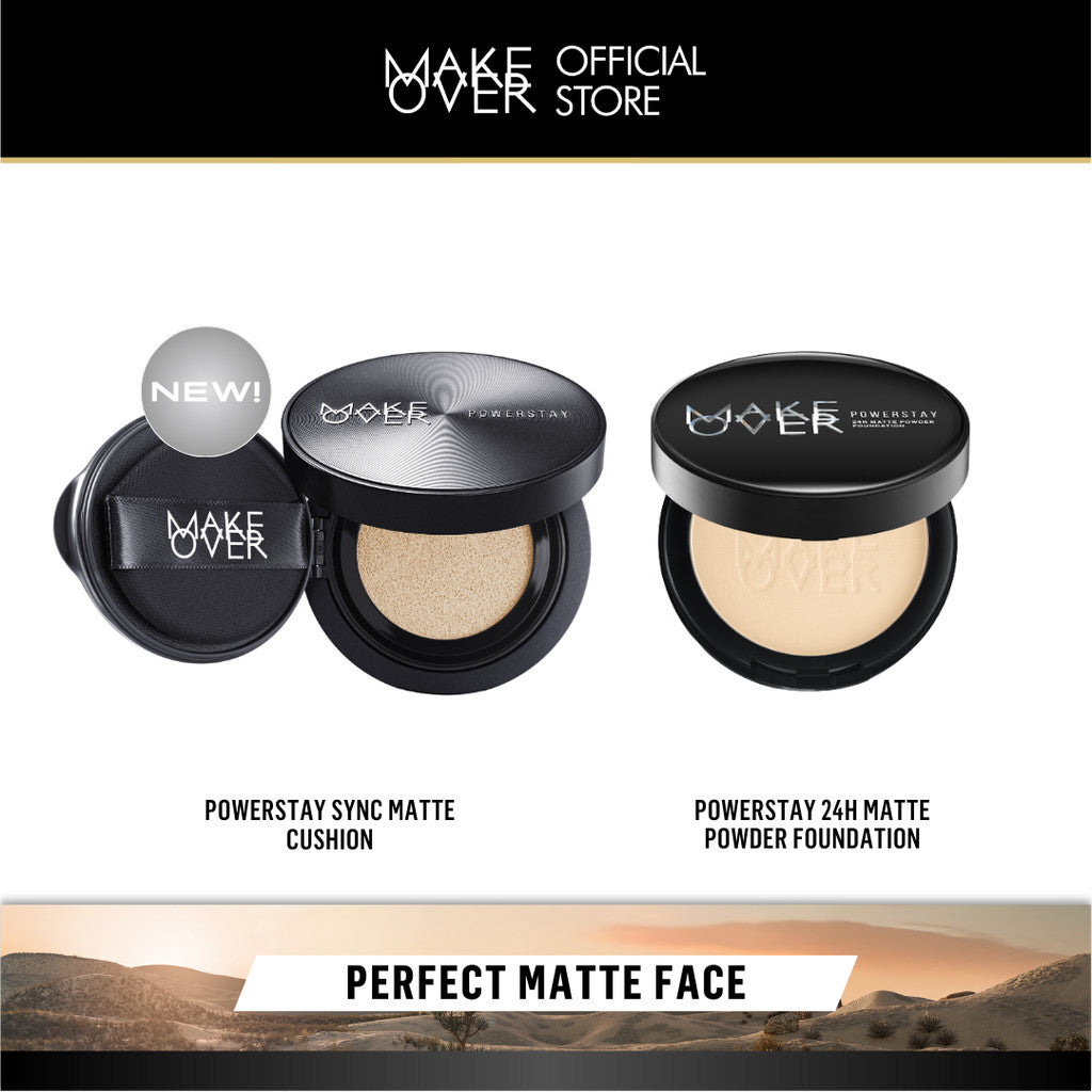 [SPECIAL 11.11] MAKE OVER Perfect Matte Face Bundle: Powerstay Sync Matte Cushion + Powerstay 24H Matte Powder Foundation - Paket Complexion Face Makeup Flawless Glow Cushion Smooth Cover 24 Jam Tahan Lama Foundation Bedak Concealer Wajah Baru