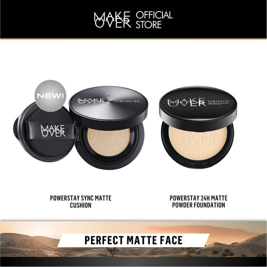 [SPECIAL 11.11] MAKE OVER Perfect Matte Face Bundle: Powerstay Sync Matte Cushion + Powerstay 24H Matte Powder Foundation - Paket Complexion Face Makeup Flawless Glow Cushion Smooth Cover 24 Jam Tahan Lama Foundation Bedak Concealer Wajah Baru