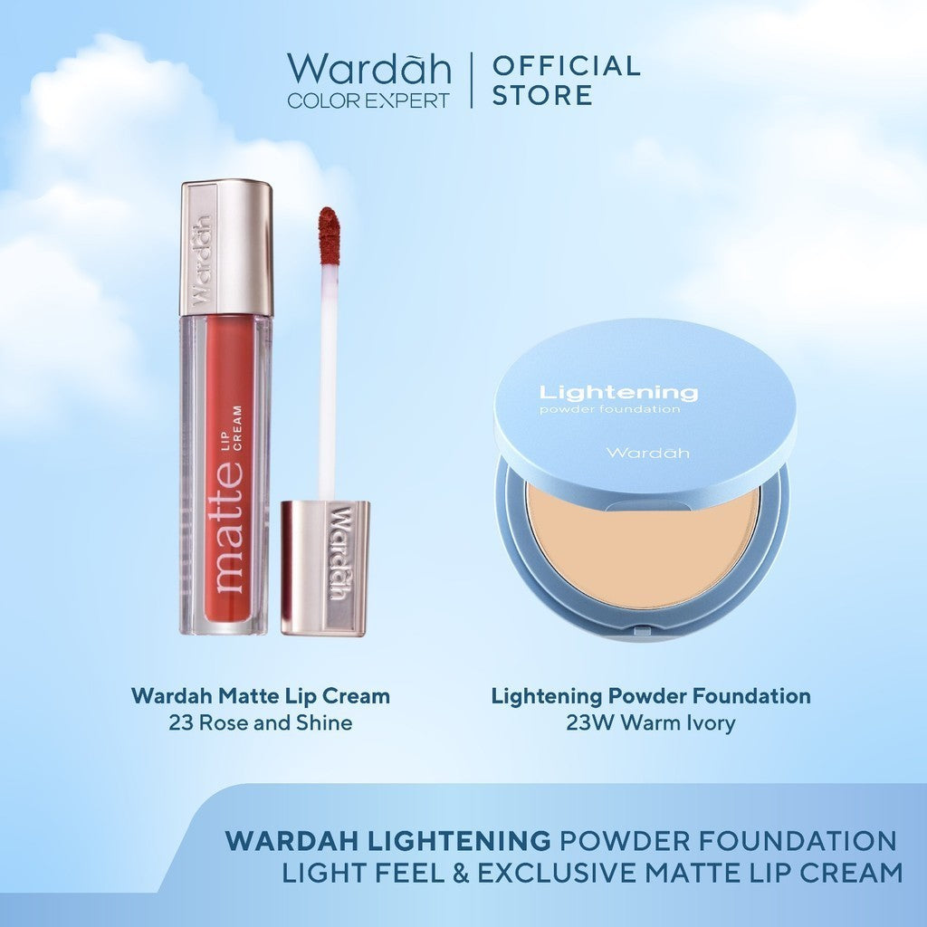 [BUNDLE] WARDAH Paket Exclusive Two Way Cake Lightening Powder Foundation Light Feel Flawless 12 g x Exclusive Matte Lip Cream 4g Basic Make Up - Makeup - Cocok Dipakai dengan Cushion