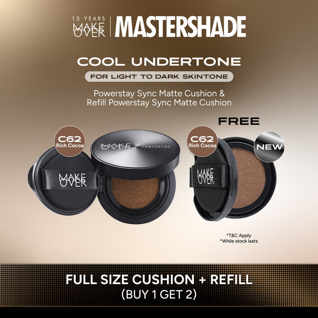 [HARGA TERMURAH! BUY 1 GET 2] MAKE OVER Powerstay Sync Matte Cushion + REFILL  - Smart AI Matte Cushion High Coverage Zero Oxidation Oil Control Foundation Compact Makeup Concealer Skin Tint long lasting time less stain with euphoria