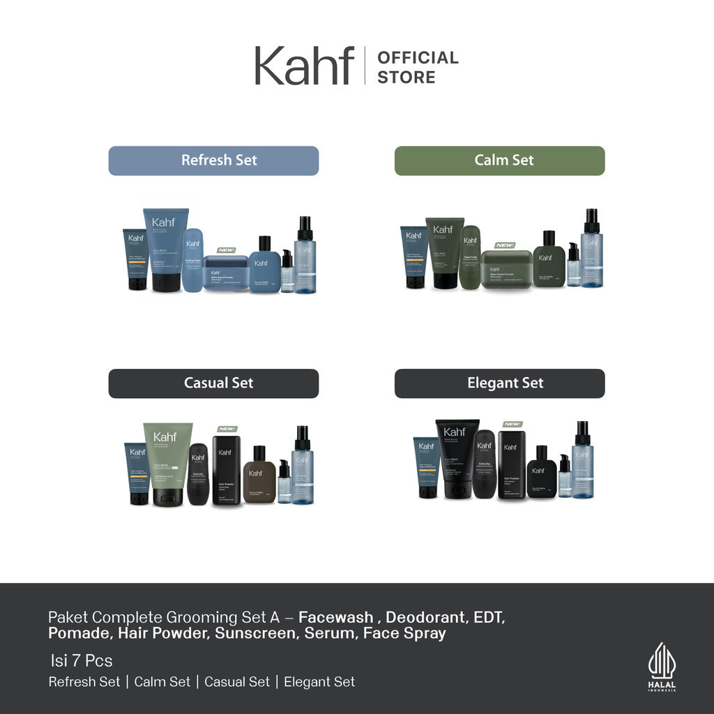 [KAHF BUNDLE 7IN1 PAKET PERAWATAN LENGKAP : WAJAH CERAH, ANTI KETARIK, & SIAP TAMPIL]  Paket Complete Grooming (Face Wash + Toner + Serum + Sunscreen Moisturizer + Deodorant + EDT + Pomade/Hair Powder) - Approved by Barber and Suitable for Daily Use
