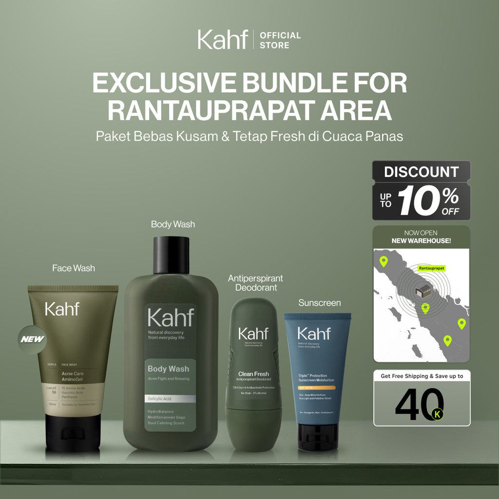 [EXCLUSIVE BUNDLE FOR RANTAUPRAPAT AREA] Kahf 4in1 Paket Bebas Kusam & Tetap Fresh di Cuaca Panas (Face Wash + Sunscreen + Deodorant + Body Wash) - Suitable for Daily Use