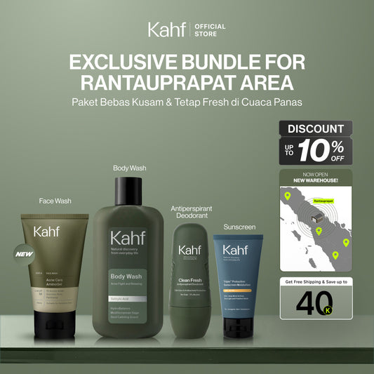 [EXCLUSIVE BUNDLE FOR RANTAUPRAPAT AREA] Kahf 4in1 Paket Bebas Kusam & Tetap Fresh di Cuaca Panas (Face Wash + Sunscreen + Deodorant + Body Wash) - Suitable for Daily Use