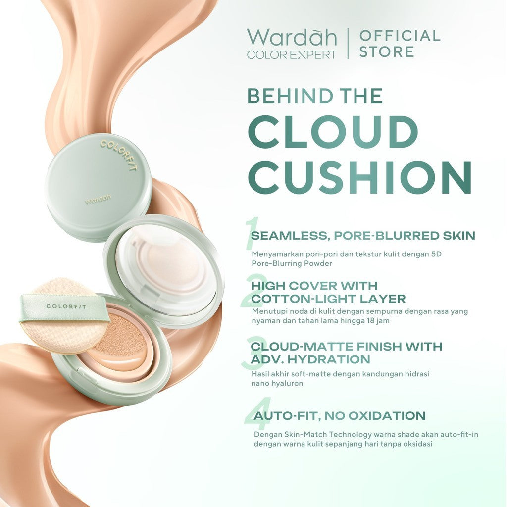 WARDAH Colorfit 5D Blur Cloud Cushion Matte Finish Tahan Lama Hingga 18 Jam - SPF 50 PA+, Nano-Hyaluron, dan CICA Menyamarkan Pori & Tekstur Wajah Menyatu Dengan Kulit Non Comedogenic - Tahan Lama dengan Bedak - Makeup
