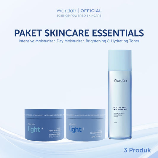Wardah Lightening Paket Skincare Essentials (Day + Night + Face Toner) - Light+ Glowshot Day, Intensive Moisturizer, Face Toner - Skincare