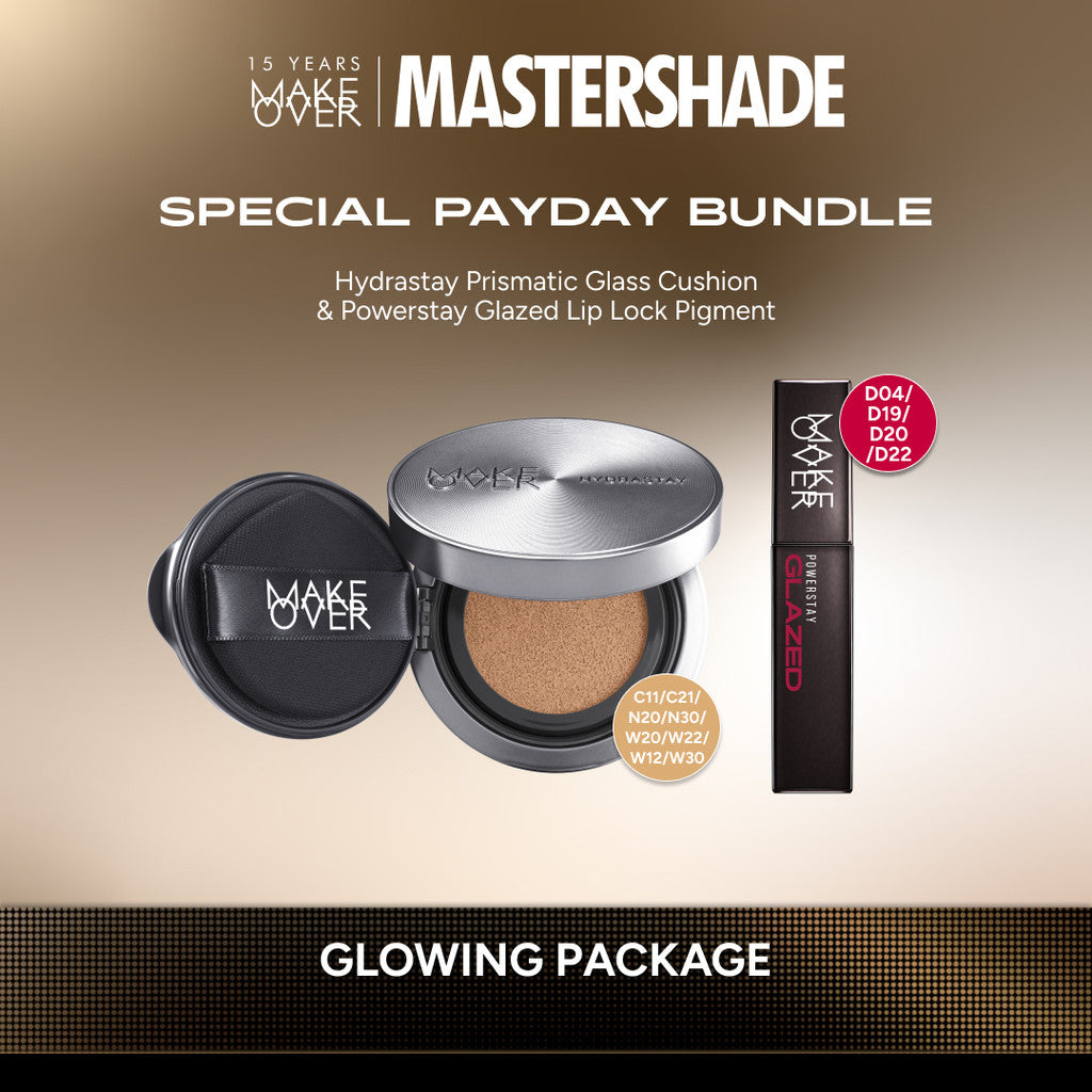MAKE OVER Glowing Package: Hydrastay Prismatic Glass Cushion + (NEW SHADES!) Powerstay Glazed Lock Lip Pigment - Paket Cushion Glow Lip Glazed Sargio Glossy Pigmented Tahan Lama Spesial