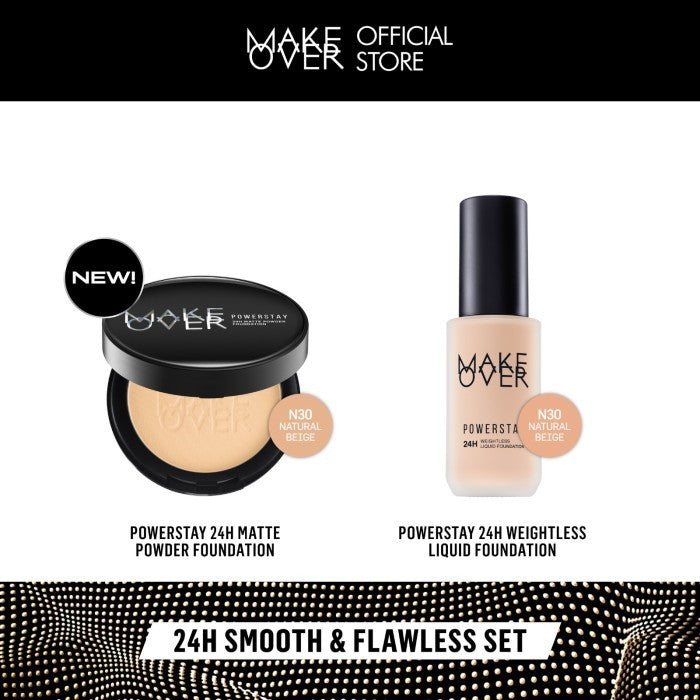 [SPECIAL 11.11] MAKE OVER 24H Smooth Flawless Bundle : Powerstay Weightless Liquid Foundation + Powerstay Matte Powder Foundation - Paket Complexion Face Makeup Bedak Tahan Lama