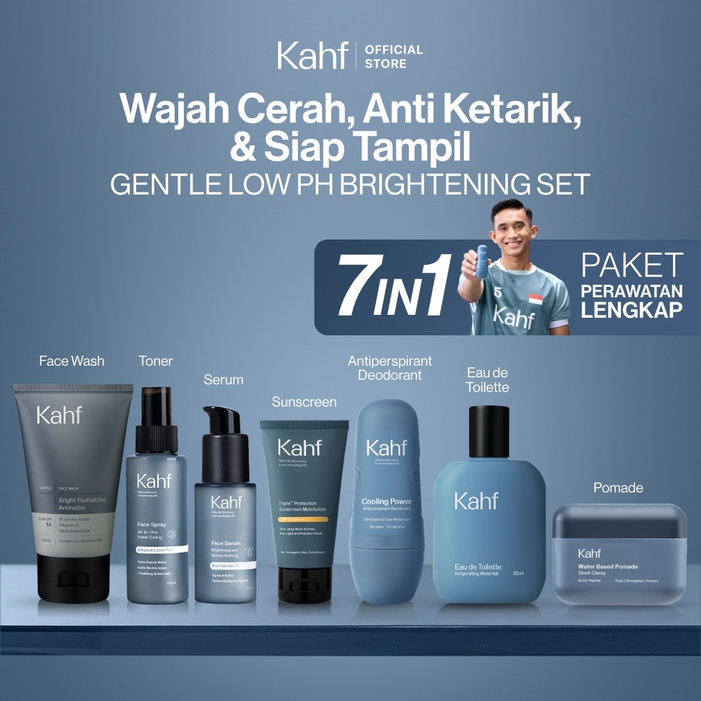[KAHF BUNDLE 7IN1 PAKET PERAWATAN LENGKAP : WAJAH CERAH, ANTI KETARIK, & SIAP TAMPIL] Paket Complete Grooming (Face Wash + Toner + Serum + Sunscreen Moisturizer + Deodorant + EDT + Pomade/Hair Powder) - Approved by Barber and Suitable for Daily Use
