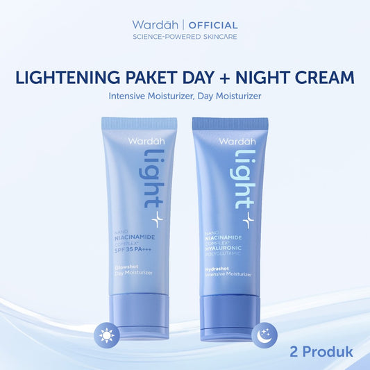 Wardah Lightening Paket Day + Night Cream 20 ml - Light+ Glowshot Day, Intensive Moisturizer - Skincare