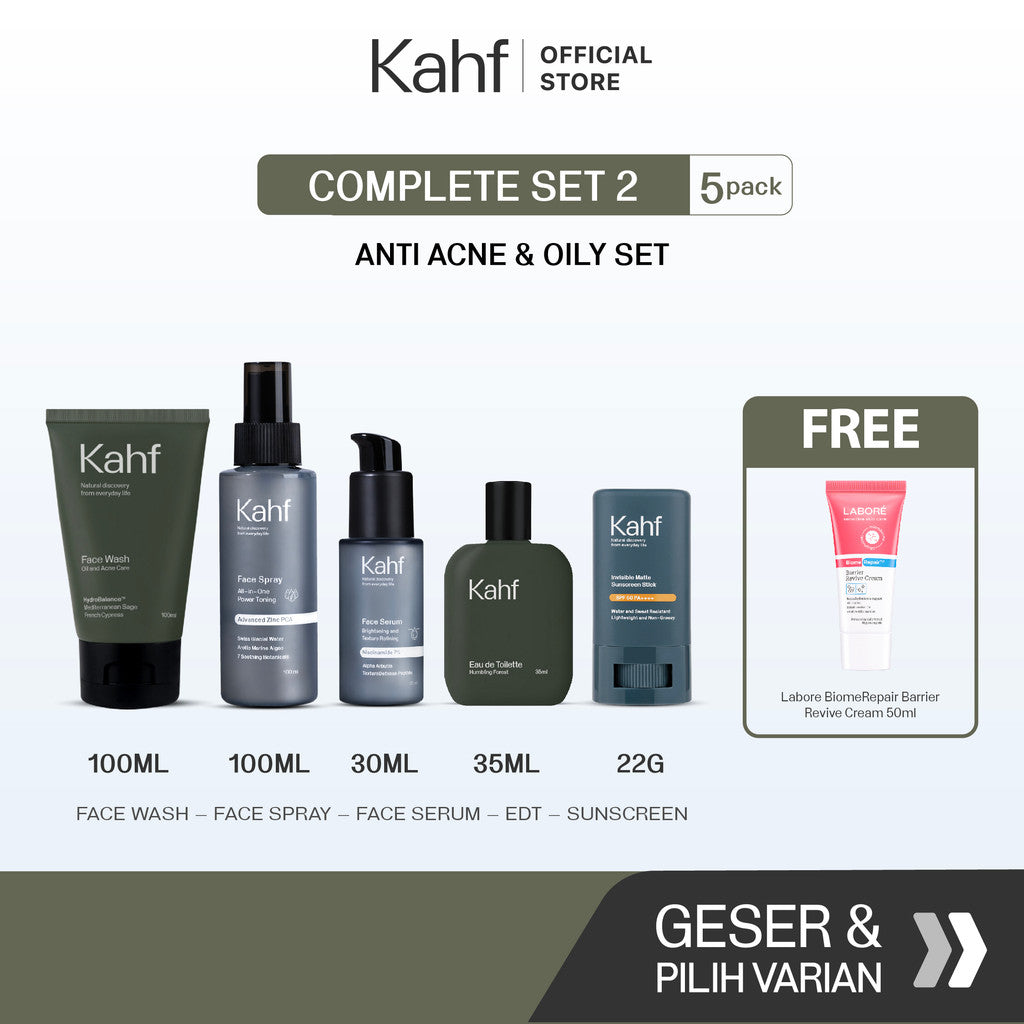 [KAHF BUNDLE 5IN1 PAKET GANTENG TANPA RIBET : GAYA ELEGAN & CERAH MAKSIMAL] Paket Complete Set (Face Wash + Toner + Serum + Sunscreen Stick + Eau de Toilette) - Suitable for Daily Use