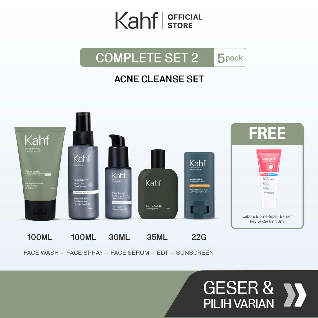 [KAHF BUNDLE 5IN1 PAKET GANTENG TANPA RIBET : GAYA ELEGAN & CERAH MAKSIMAL] Paket Complete Set (Face Wash + Toner + Serum + Sunscreen Stick + Eau de Toilette) - Suitable for Daily Use