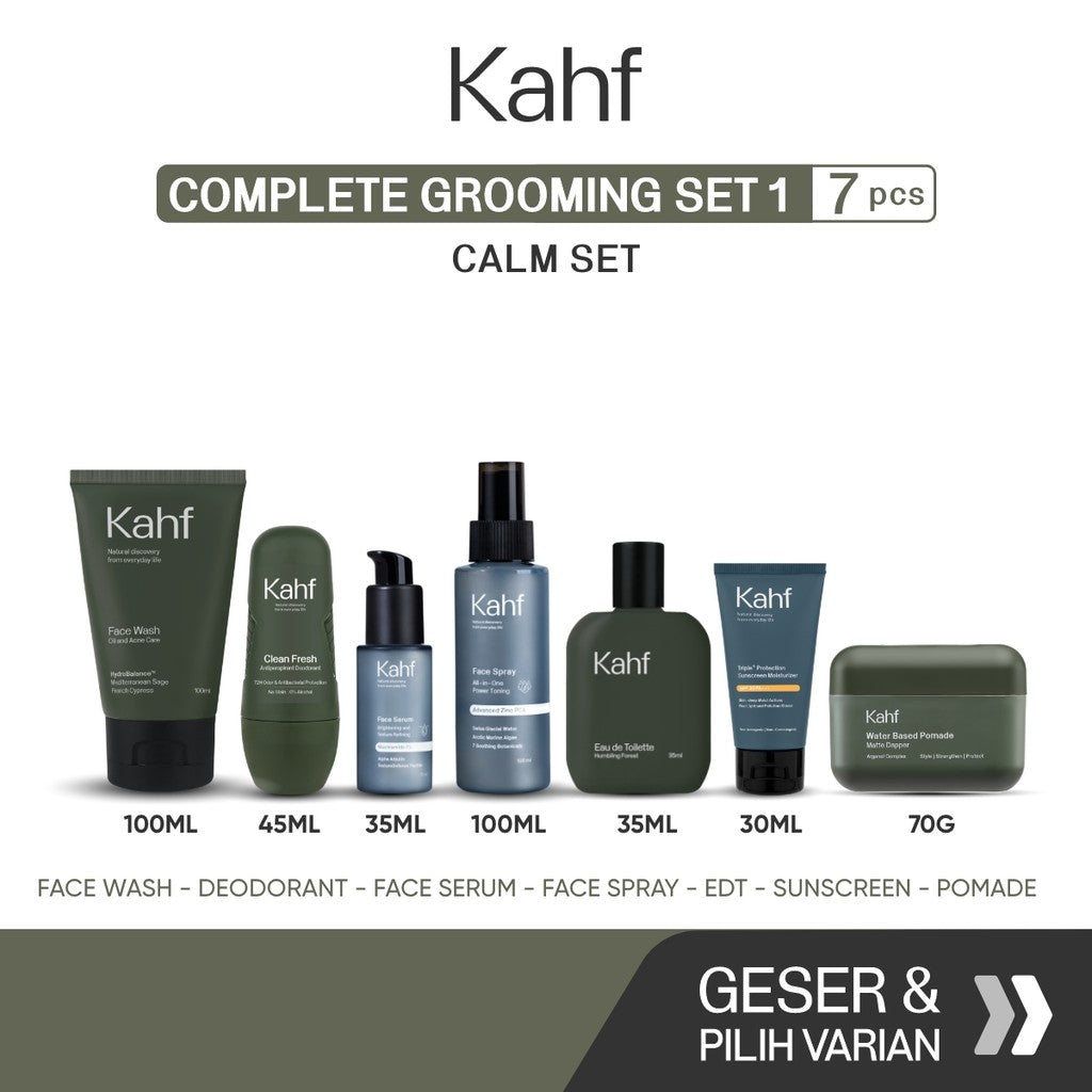 [KAHF BUNDLE 7IN1 PAKET PERAWATAN LENGKAP : WAJAH CERAH, ANTI KETARIK, & SIAP TAMPIL]  Paket Complete Grooming (Face Wash + Toner + Serum + Sunscreen Moisturizer + Deodorant + EDT + Pomade/Hair Powder) - Approved by Barber and Suitable for Daily Use