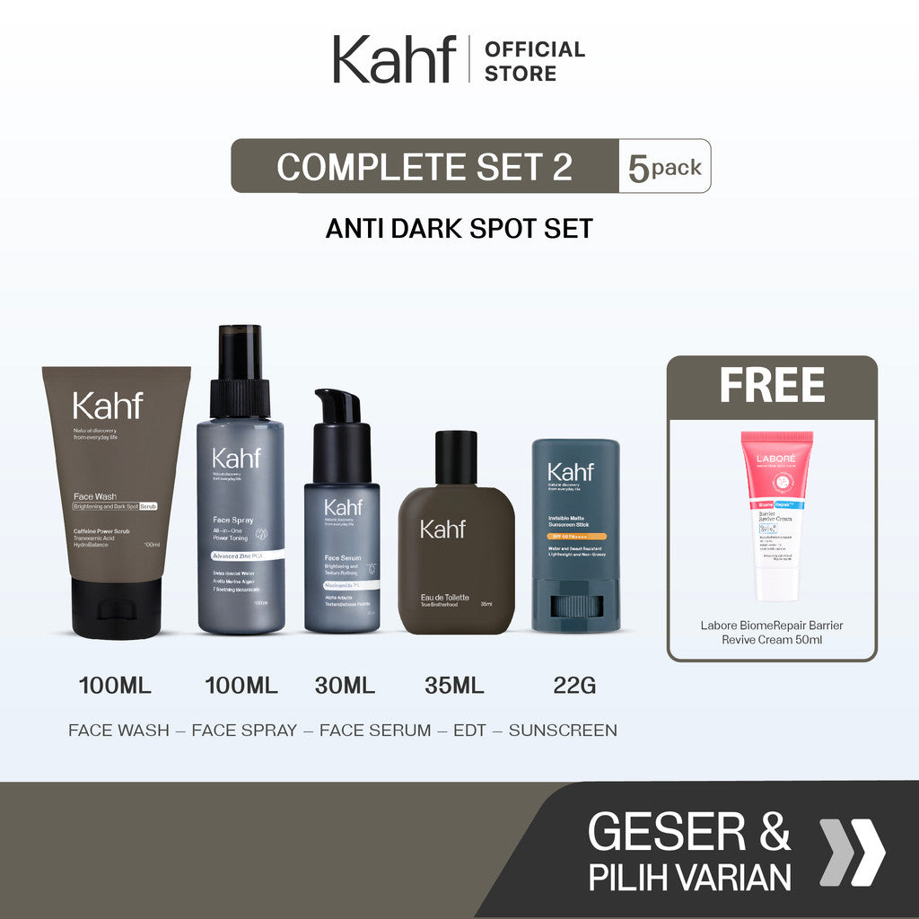[KAHF BUNDLE 5IN1 PAKET GANTENG TANPA RIBET : GAYA ELEGAN & CERAH MAKSIMAL] Paket Complete Set (Face Wash + Toner + Serum + Sunscreen Stick + Eau de Toilette) - Suitable for Daily Use