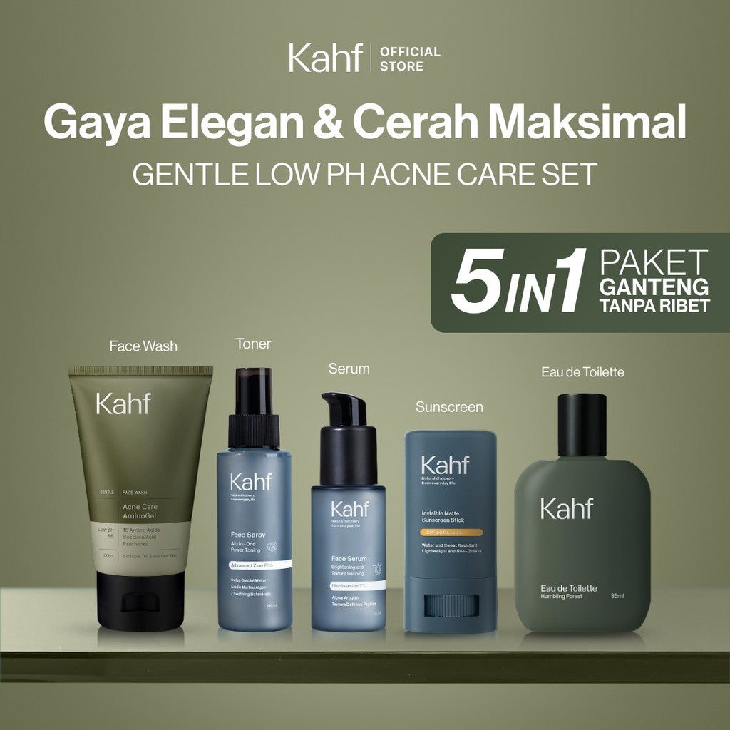 [KAHF BUNDLE 5IN1 PAKET GANTENG TANPA RIBET : GAYA ELEGAN & CERAH MAKSIMAL] Paket Complete Set (Face Wash + Toner + Serum + Sunscreen Stick + Eau de Toilette) - Suitable for Daily Use