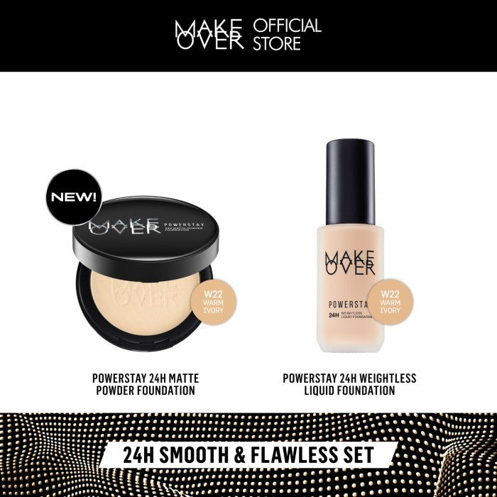 [SPECIAL 11.11] MAKE OVER 24H Smooth Flawless Bundle : Powerstay Weightless Liquid Foundation + Powerstay Matte Powder Foundation - Paket Complexion Face Makeup Bedak Tahan Lama
