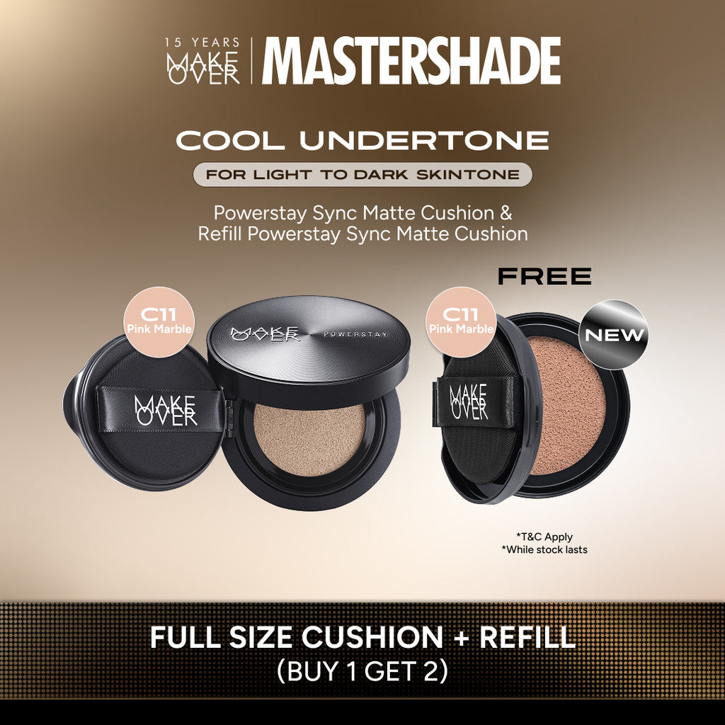 [HARGA TERMURAH! BUY 1 GET 2] MAKE OVER Powerstay Sync Matte Cushion + REFILL  - Smart AI Matte Cushion High Coverage Zero Oxidation Oil Control Foundation Compact Makeup Concealer Skin Tint long lasting time less stain with euphoria