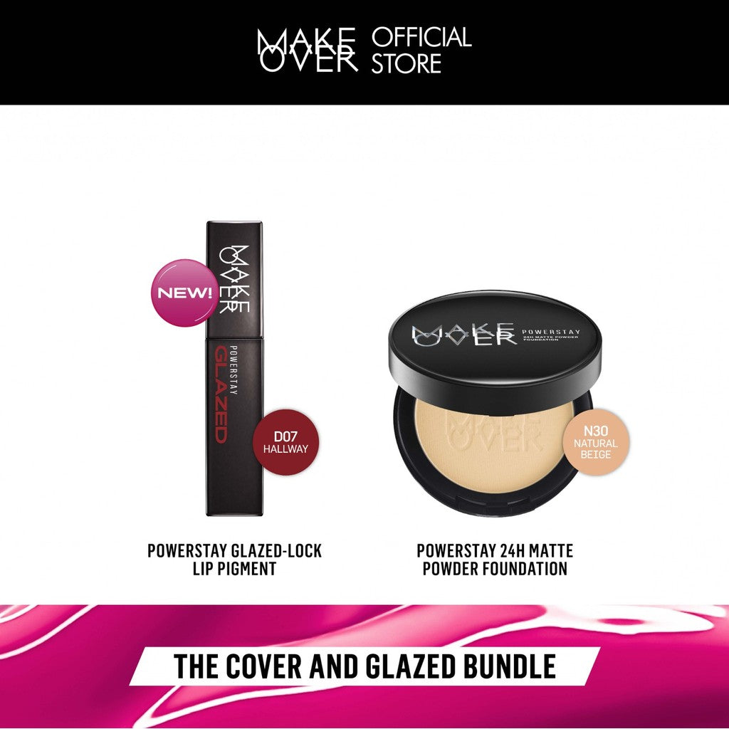 MAKE OVER The Powder and Glazed: Powerstay 24H Matte Powder Foundation + Powerstay Glazed Lock Lip Pigment - Paket Bedak Lip Cream Tahan Lama Pigmented Cover Flawless Ringan Oil Control BEST SELLER