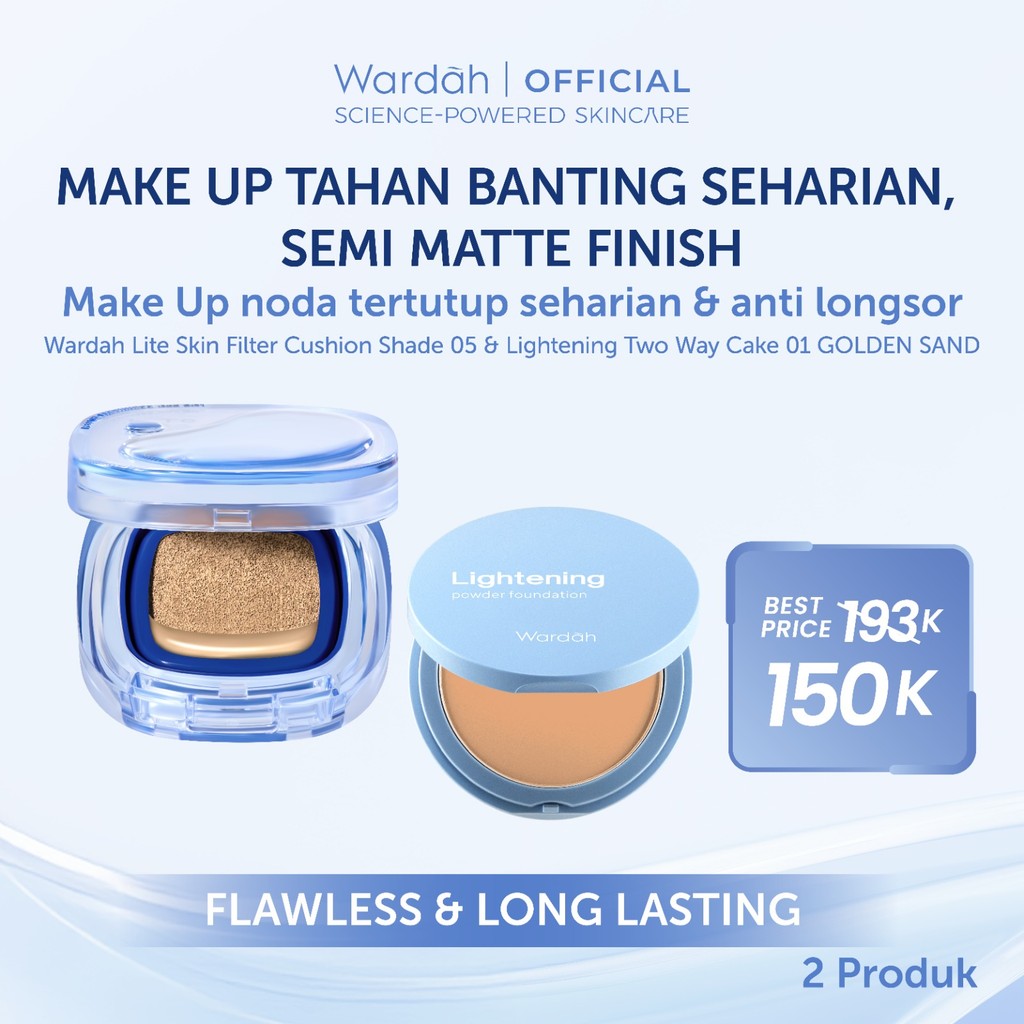 [NEW BUNDLE] Wardah Lite Skin Filter Cushion 11 g - Makeup Ringan Tahan 8 Jam Flawless Coverage Powder Foundation Glad Setting BB Cream Soft Satin & Glow | Two Way Cake, Loose Powder, Micellar Water, Airbrush Lip Tint | Light+ | Light Plus | Lightplus