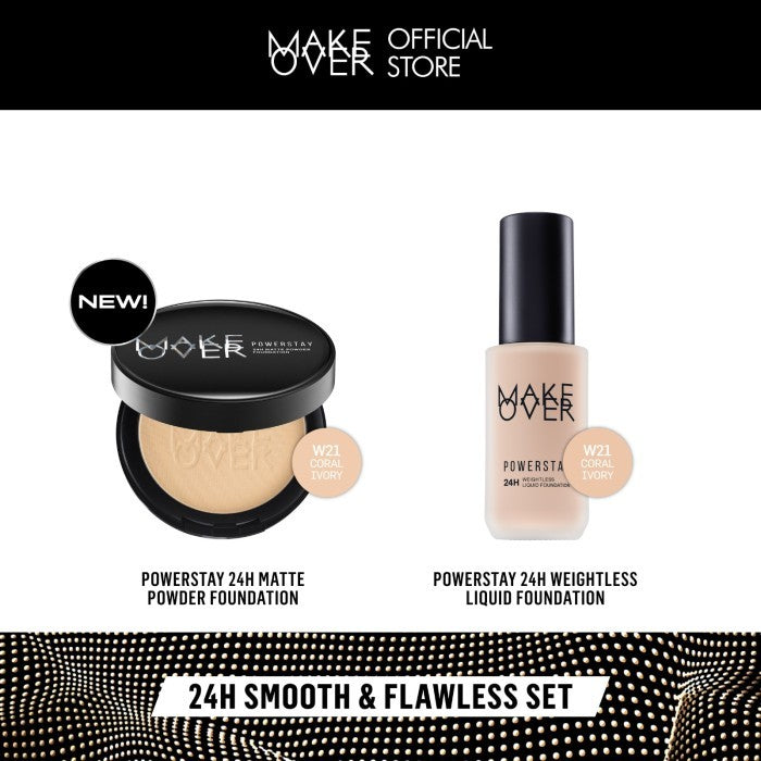 [SPECIAL 11.11] MAKE OVER 24H Smooth Flawless Bundle : Powerstay Weightless Liquid Foundation + Powerstay Matte Powder Foundation - Paket Complexion Face Makeup Bedak Tahan Lama