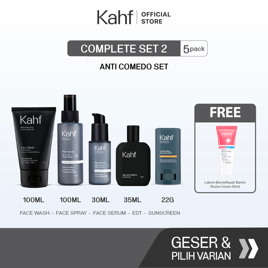 [KAHF BUNDLE 5IN1 PAKET GANTENG TANPA RIBET : GAYA ELEGAN & CERAH MAKSIMAL] Paket Complete Set (Face Wash + Toner + Serum + Sunscreen Stick + Eau de Toilette) - Suitable for Daily Use