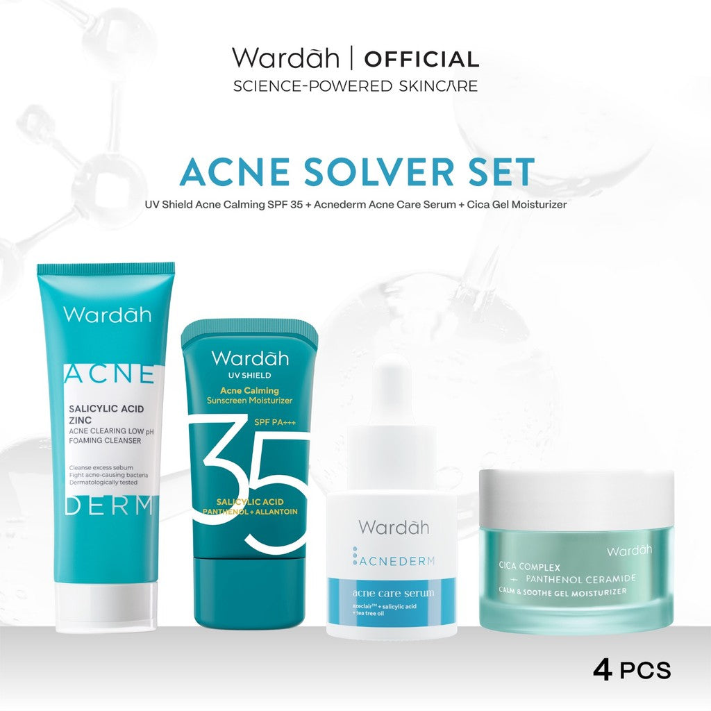 Wardah Paket 4 pcs Skincare Solusi Masalah Kulit - Face Wash, Moisturizer, Serum, & Sunscreen (Acnederm, Cica, Panthenol, UV Shield, Amino Facial Wash, Airy, Crystal Secret, Lightening, Day Cream) - Skincare