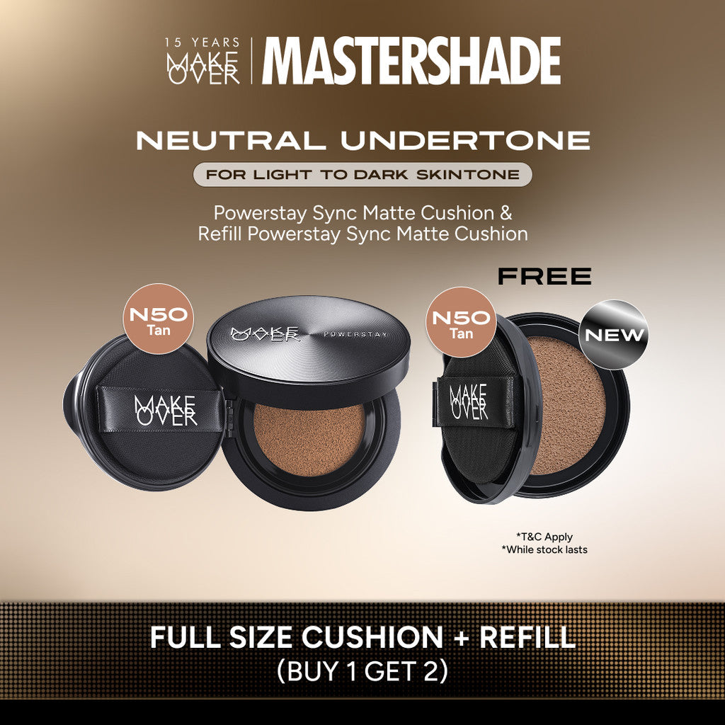 [HARGA TERMURAH! BUY 1 GET 2] MAKE OVER Powerstay Sync Matte Cushion + REFILL  - Smart AI Matte Cushion High Coverage Zero Oxidation Oil Control Foundation Compact Makeup Concealer Skin Tint long lasting time less stain with euphoria