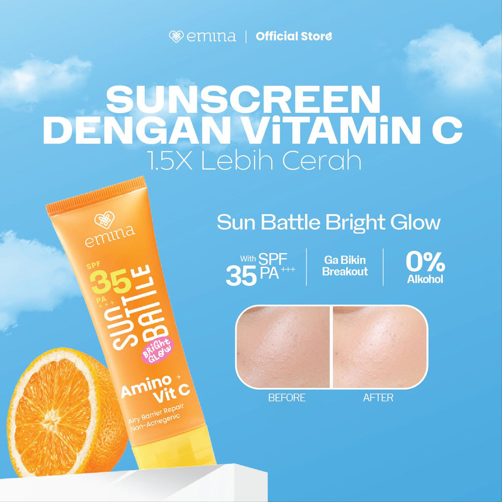 [TINTINTINWIN' PICK] Emina Sun Battle Brighten Glow SPF 35 PA+++ - Sunscreen Serum Amino Vitamin C - Cerah, Ringan, Hydrating [Teruji In Vivo] Non acnegenic & Non Comedogenic. Cocok semua jenis kulit