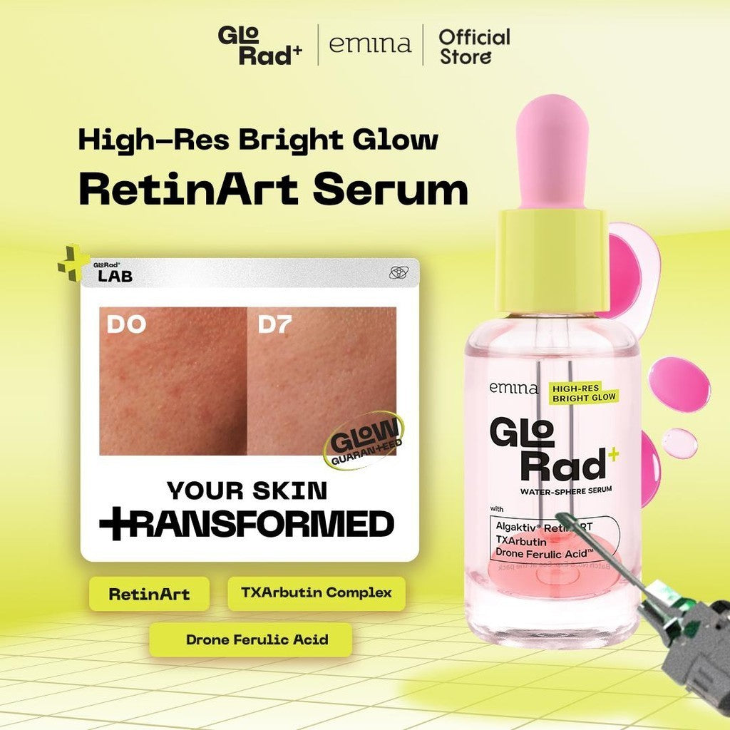 Emina [GLORAD+ Ultra HD Glow Package] - High-Res Bright Glow Water-Sphere Serum, Hassle Free Cleanser Amino Fusion ProCleanser, Instant Refresh Puffy Eyes Eye Wake Up Roller - Paket Skincare Cerah Glowing Sehat
