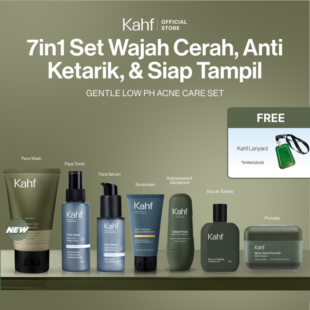 [KAHF BUNDLE 7IN1 PAKET PERAWATAN LENGKAP : WAJAH CERAH, ANTI KETARIK, & SIAP TAMPIL]  Paket Complete Grooming (Face Wash + Toner + Serum + Sunscreen Moisturizer + Deodorant + EDT + Pomade/Hair Powder) - Approved by Barber and Suitable for Daily Use