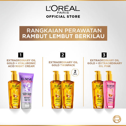 [BUY 1 GET 1] L'Oreal Paris Elseve Extraordinary Oil Gold Hair Serum & Hair Treatment Kit - Rambut Halus Berkilau dalam Satu Pemakaian - dari Bunga Istimewa Omega 3 - Perawatan Rambut Vitamin Rambut Twinpack 100ml Rambut Kering Kusam