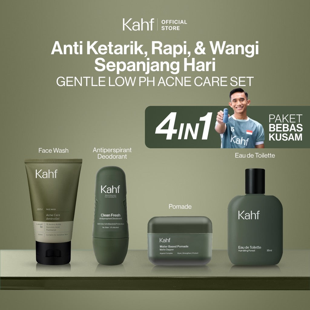 [KAHF BUNDLE 4IN1 PAKET BEBAS KUSAM : ANTI KETARIK, RAPI, & WANGI SEPANJANG HARI] Paket Grooming (Pomade/Hair Powder + Face Wash + Deodorant + Eau de Toilette) - Approved by Barber and Suitable for Daily Use