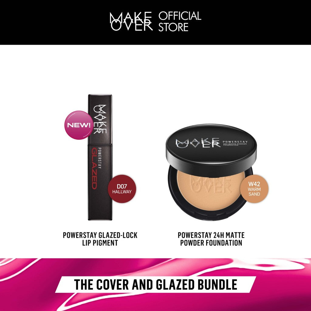MAKE OVER The Powder and Glazed: Powerstay 24H Matte Powder Foundation + Powerstay Glazed Lock Lip Pigment - Paket Bedak Lip Cream Tahan Lama Pigmented Cover Flawless Ringan Oil Control BEST SELLER