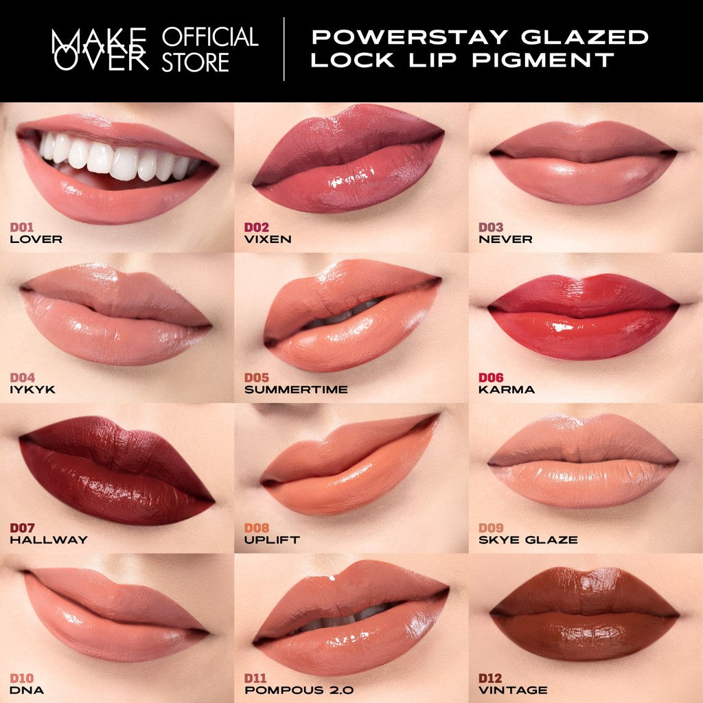 MAKE OVER The Powder and Glazed: Powerstay 24H Matte Powder Foundation + Powerstay Glazed Lock Lip Pigment - Paket Bedak Lip Cream Tahan Lama Pigmented Cover Flawless Ringan Oil Control BEST SELLER