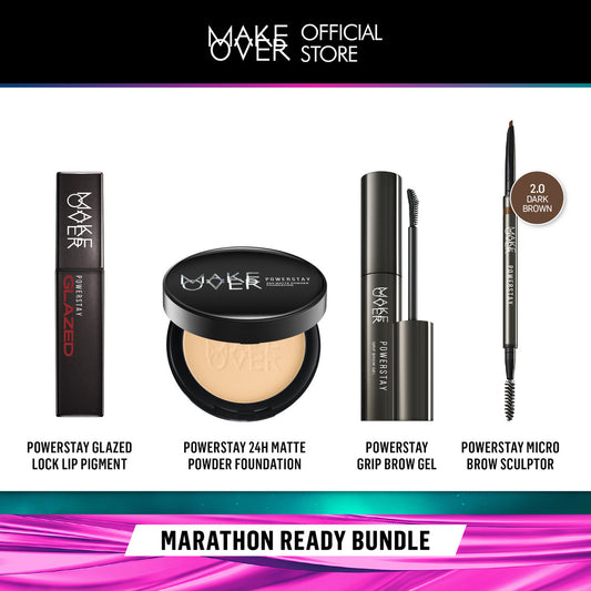 MAKE OVER Powerstay Bundle - Powerstay Glazed Lock + Matte Powder Foundation + Micro Brow Sculptor + Grip Brow Gel - Powerstay Best Seller Bundle