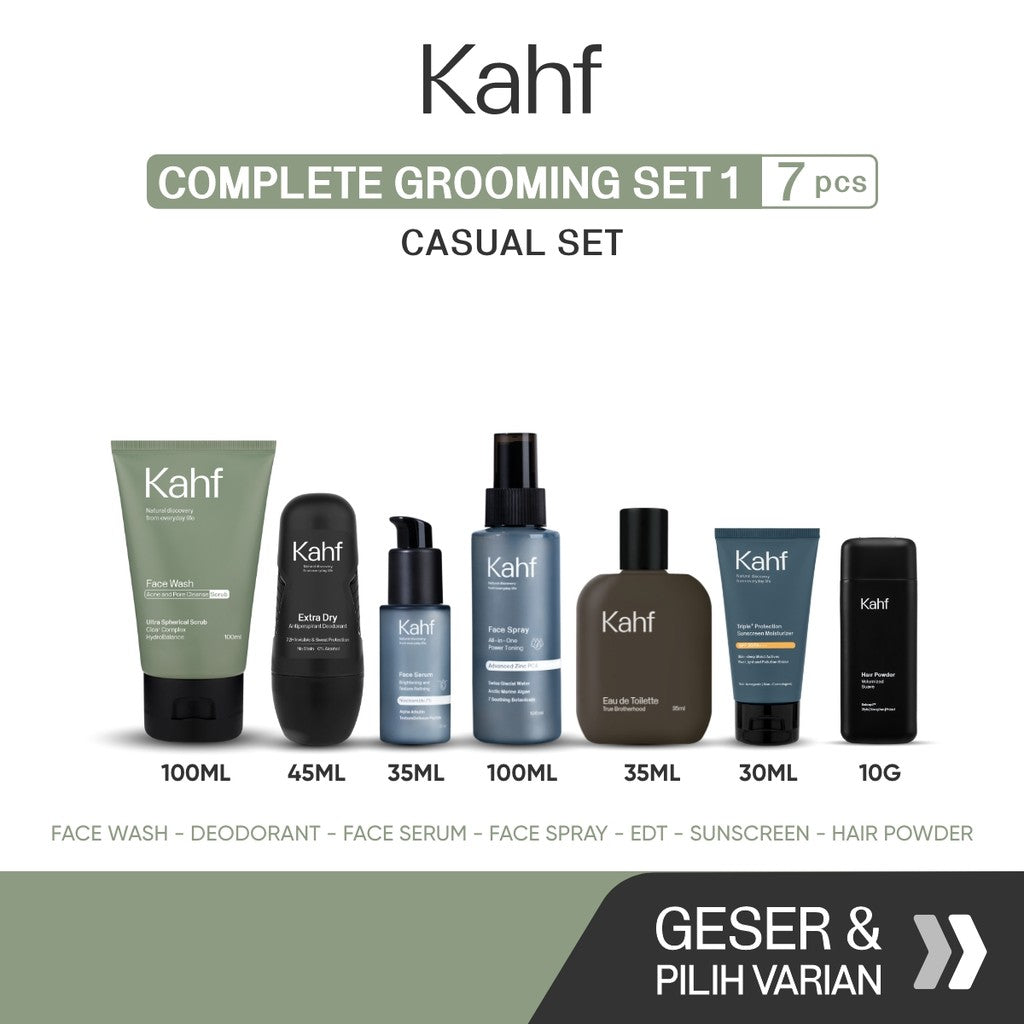 [KAHF BUNDLE 7IN1 PAKET PERAWATAN LENGKAP : WAJAH CERAH, ANTI KETARIK, & SIAP TAMPIL]  Paket Complete Grooming (Face Wash + Toner + Serum + Sunscreen Moisturizer + Deodorant + EDT + Pomade/Hair Powder) - Approved by Barber and Suitable for Daily Use